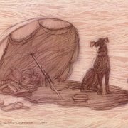 "Waiting for ..."  7¾" x 11" (19,5 x 28cm) Brown crayon on mylar 2004